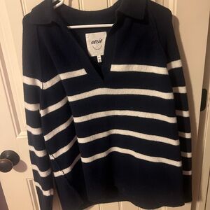 Aerie Deep Blue and White V-Neck Sweater